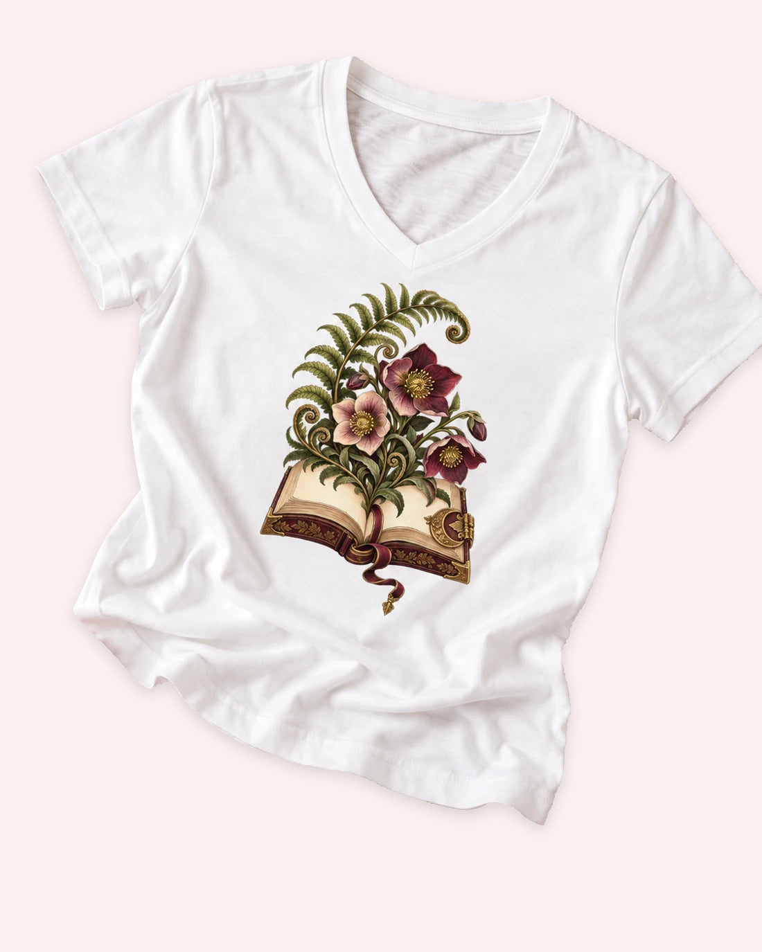 Illustrative ivory tee concept with Fern Grimoire artwork, not a physical sample