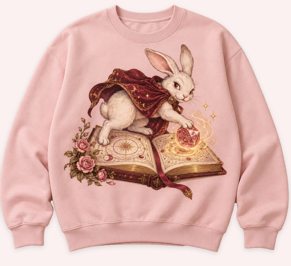 Illustrative blush sweatshirt concept with Rabbit Familiar artwork, not a physical sample