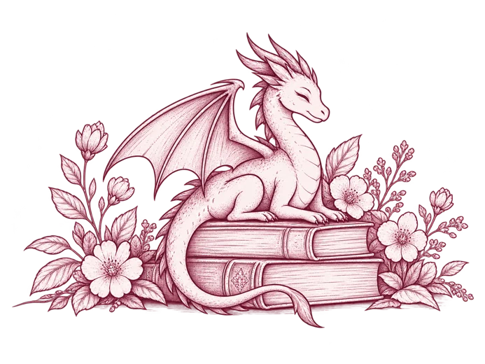 Rose ink illustration of a dragon perched on books among flowers